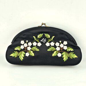 Lulu Guinness Vintage Embroidered Kiss Lock Clutch – Black Satin Floral